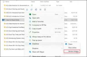 Selecting Version History In OneDrive